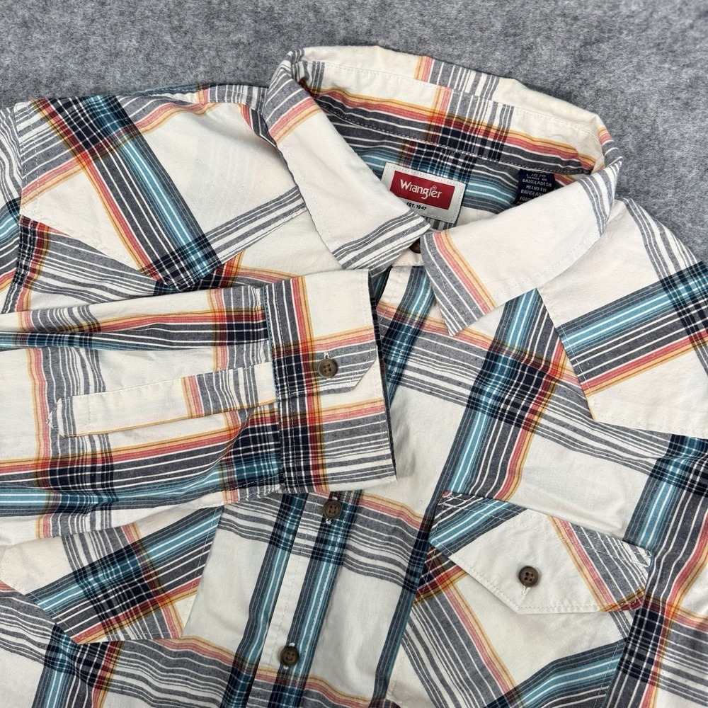Wrangler Western Style Shirt Mens L Plaid Long Sleeve Button‎ Down Cream Blue
